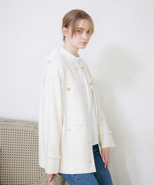 INED CLARO（イネドクラロ）の「スラブツイードジャケット（ノーカラージャケット・レディース・オフホワイト/ネイビー・フリー）」の13枚目の写真