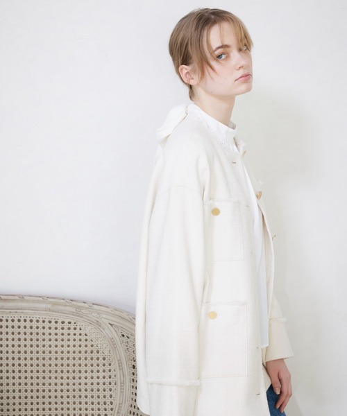 INED CLARO（イネドクラロ）の「スラブツイードジャケット（ノーカラージャケット・レディース・オフホワイト/ネイビー・フリー）」の16枚目の写真