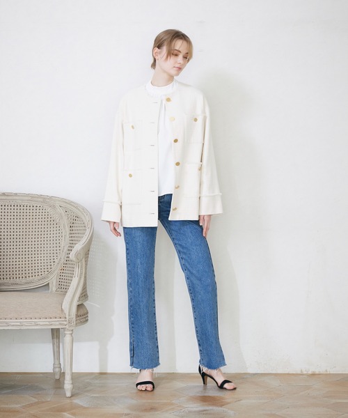 未使用に近い★ebure '21ssスラブツイードノーカラージャケット　白　36 SHIPS｜<セレモニー対応可>スラブ ツイード ノーカラー ジャケット