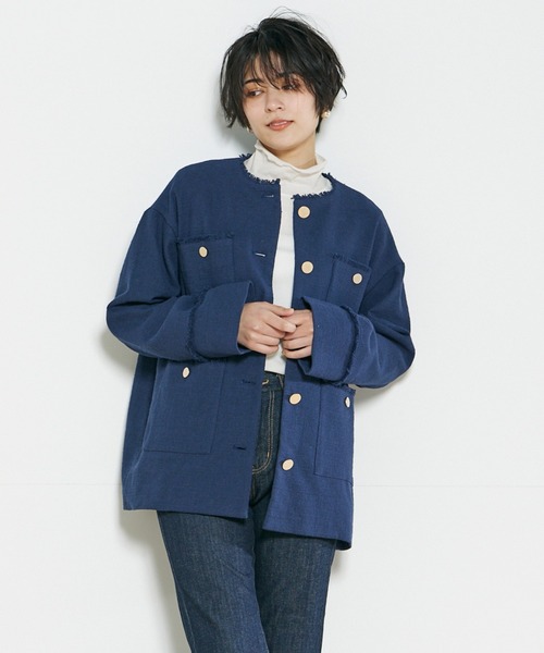 INED CLARO（イネドクラロ）の「スラブツイードジャケット（ノーカラージャケット・レディース・オフホワイト/ネイビー・フリー）」の12枚目の写真