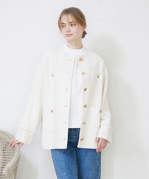 INED CLARO（イネドクラロ）の「スラブツイードジャケット（ノーカラージャケット・レディース・オフホワイト/ネイビー・フリー）」の11枚目の写真