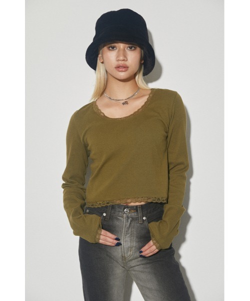 LAGUA GEM(ラグアジェム)の「ROUND NECK LACE TOPS トップス(Tシャツ/カットソー・レディース・カーキ/ブラック/オフホワイト・FREE)」の1枚目の写真