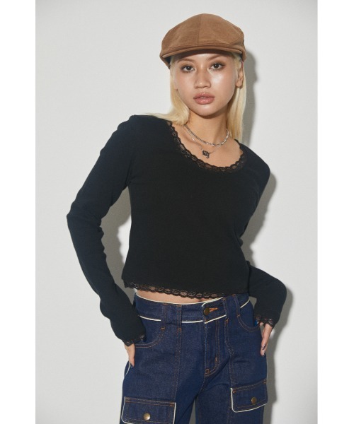 LAGUA GEM(ラグアジェム)の「ROUND NECK LACE TOPS トップス(Tシャツ/カットソー・レディース・カーキ/ブラック/オフホワイト・FREE)」の3枚目の写真