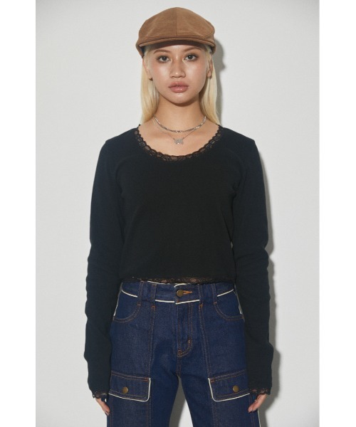 LAGUA GEM(ラグアジェム)の「ROUND NECK LACE TOPS トップス(Tシャツ/カットソー・レディース・カーキ/ブラック/オフホワイト・FREE)」の5枚目の写真