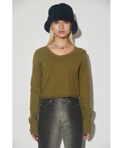 LAGUA GEM(ラグアジェム)の「ROUND NECK LACE TOPS トップス(Tシャツ/カットソー・レディース・カーキ/ブラック/オフホワイト・FREE)」の4枚目の写真