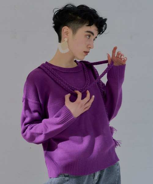 manana suerte（マニャーナスエルテ）の「バックスリット三つ編み紐ニット（ニット/セーター・レディース・オフホワイト/パープル/ブラック・FREE）」の12枚目の写真