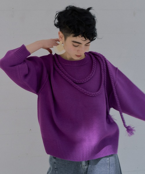 manana suerte（マニャーナスエルテ）の「バックスリット三つ編み紐ニット（ニット/セーター・レディース・オフホワイト/パープル/ブラック・FREE）」の11枚目の写真