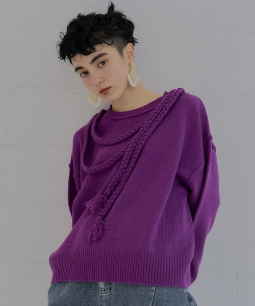 manana suerte（マニャーナスエルテ）の「バックスリット三つ編み紐ニット（ニット/セーター・レディース・オフホワイト/パープル/ブラック・FREE）」の9枚目の写真
