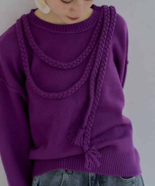 manana suerte（マニャーナスエルテ）の「バックスリット三つ編み紐ニット（ニット/セーター・レディース・オフホワイト/パープル/ブラック・FREE）」の7枚目の写真