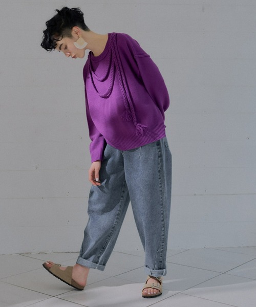 manana suerte（マニャーナスエルテ）の「バックスリット三つ編み紐ニット（ニット/セーター・レディース・オフホワイト/パープル/ブラック・FREE）」の5枚目の写真