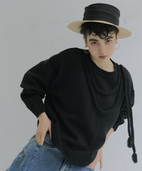 manana suerte（マニャーナスエルテ）の「バックスリット三つ編み紐ニット（ニット/セーター・レディース・オフホワイト/パープル/ブラック・FREE）」の22枚目の写真