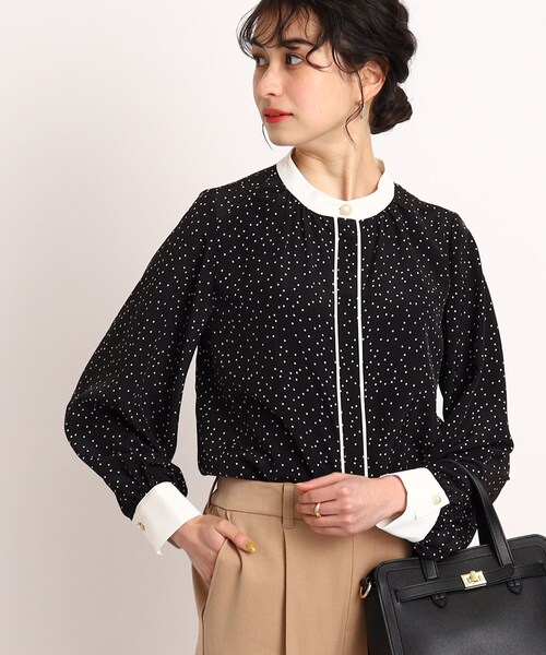 DRESKIP（ドレスキップ）の「◆【フェミニンコーデ】配色スタンドカラーブラウス（シャツ/ブラウス・レディース・ブラック系/ライトグリーン/ライトベージュ/ホワイト系3・02/03/04）」の3枚目の写真