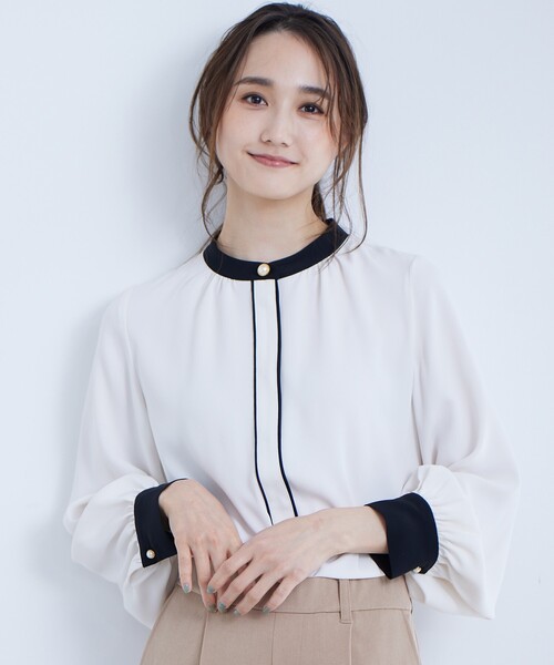 DRESKIP（ドレスキップ）の「◆【フェミニンコーデ】配色スタンドカラーブラウス（シャツ/ブラウス・レディース・ブラック系/ライトグリーン/ライトベージュ/ホワイト系3・02/03/04）」の5枚目の写真