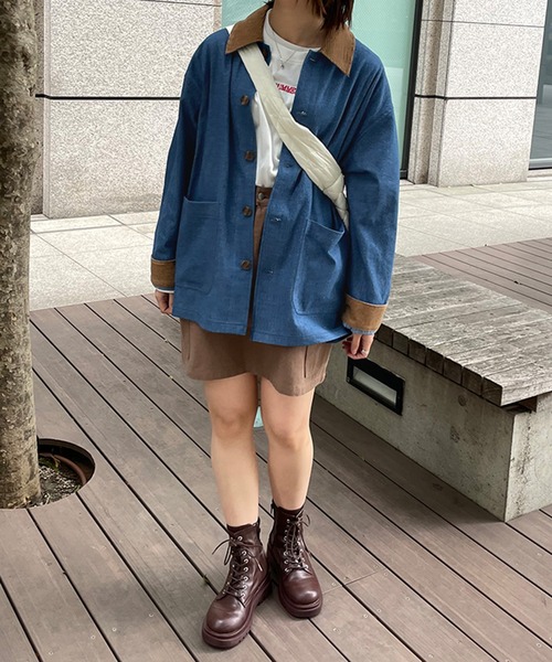 kutir(クティール)の「【コーデュロイ切り替え】アソートシャツアウター(カバーオール・レディース・インディゴブルー/ブルー/オフホワイト/カーキ・FREE)」の9枚目の写真