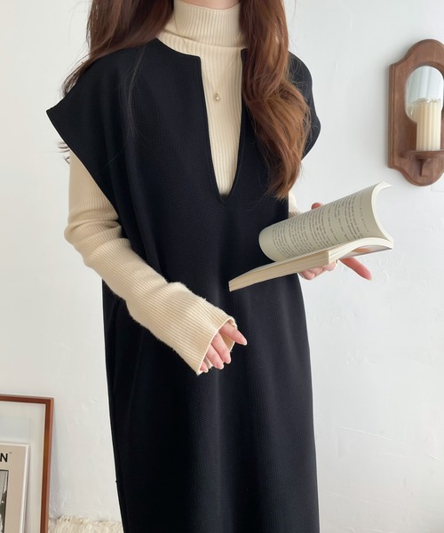 classicalelf（クラシカルエルフ）の「1枚でこなれレディ。キーネックロングジャンパースカート（ワンピース・レディース・ブラック/グレイッシュベージュ・LARGE/MEDIUM/SMALL/X-LARGE）」の11枚目の写真