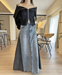 Jewelobe | サイド配色デニムフレアマキシスカート(デニムスカート)