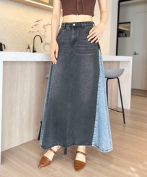 Jewelobe | サイド配色デニムフレアマキシスカート(デニムスカート)