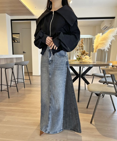 Jewelobe（ジュエローブ）の「サイド配色デニムフレアマキシスカート（デニムスカート・レディース・ブルー/ブラック・S/M）」の4枚目の写真