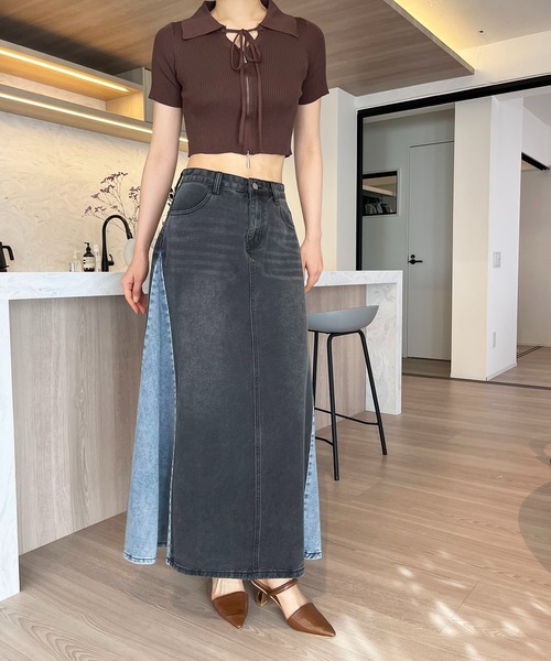 Jewelobe（ジュエローブ）の「サイド配色デニムフレアマキシスカート（デニムスカート・レディース・ブルー/ブラック・S/M）」の14枚目の写真