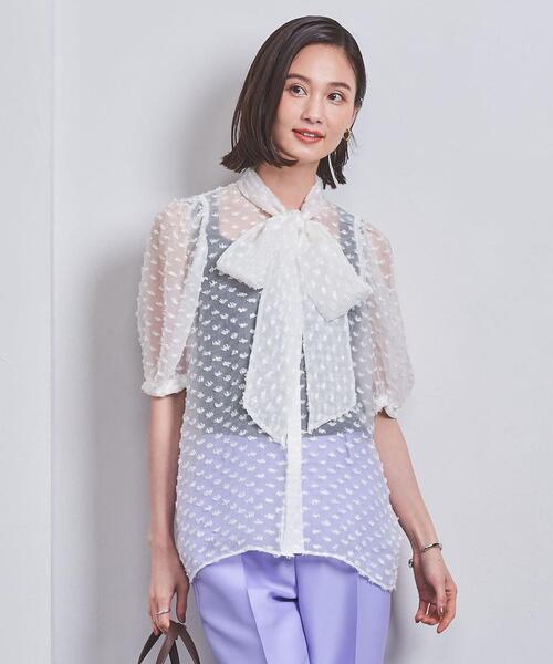 美品 23SS アローズ カットジャガード オーガンジー リボン ブラウス S 美品 23SS アローズ カットジャガード オーガンジー リボン