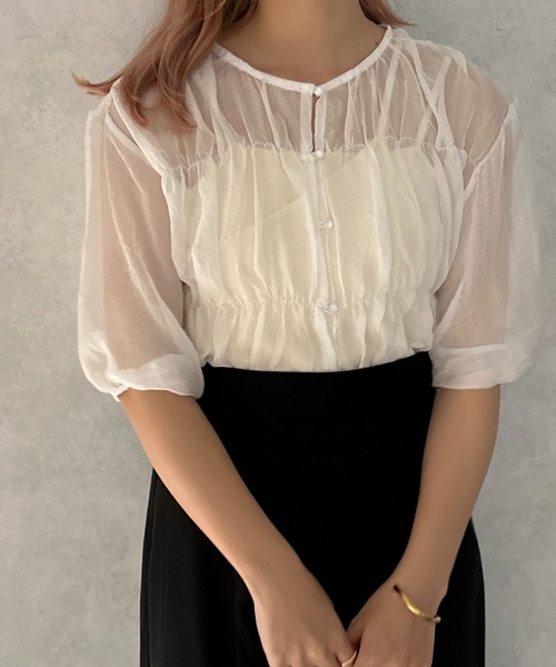 apres jour clair（アプレジュールクレア）の「【apres jour clair】シアーギャザーブラウス【ZOZOTOWN限定アイテム】（シャツ/ブラウス・レディース・ピンク/アイボリー/オフホワイト・フリー/X-LARGE）」の7枚目の写真
