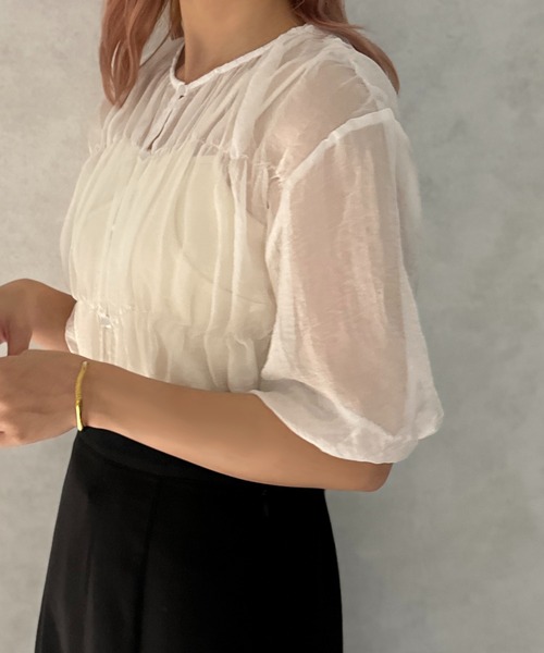 apres jour clair（アプレジュールクレア）の「【apres jour clair】シアーギャザーブラウス【ZOZOTOWN限定アイテム】（シャツ/ブラウス・レディース・ピンク/アイボリー/オフホワイト・フリー/X-LARGE）」の8枚目の写真