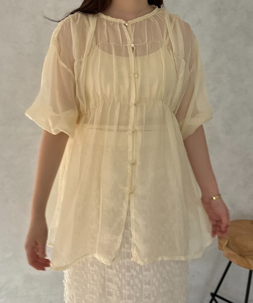 apres jour clair（アプレジュールクレア）の「【apres jour clair】シアーギャザーブラウス【ZOZOTOWN限定アイテム】（シャツ/ブラウス・レディース・ピンク/アイボリー/オフホワイト・フリー/X-LARGE）」の11枚目の写真