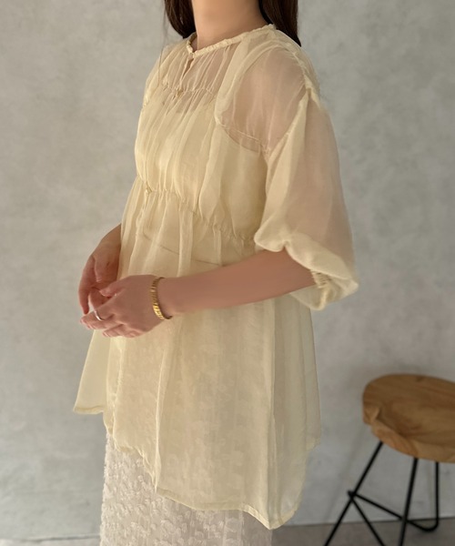 apres jour clair（アプレジュールクレア）の「【apres jour clair】シアーギャザーブラウス【ZOZOTOWN限定アイテム】（シャツ/ブラウス・レディース・ピンク/アイボリー/オフホワイト・フリー/X-LARGE）」の12枚目の写真