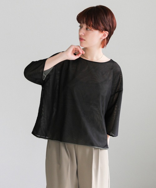 select MOCA（セレクトモカ）の「リバーシブルシアーハーフスリーブトップス（Tシャツ/カットソー・レディース・アイボリー/ブラック/ブルーグレー・FREE）」の7枚目の写真