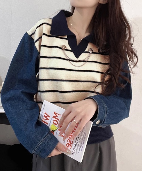 COCOMOMO(ココモモ)の「デニムスリーブドッキングボーダーポロニット(ニット/セーター・レディース・ホワイト/グリーン/グレー/アイボリー・FREE)」の6枚目の写真