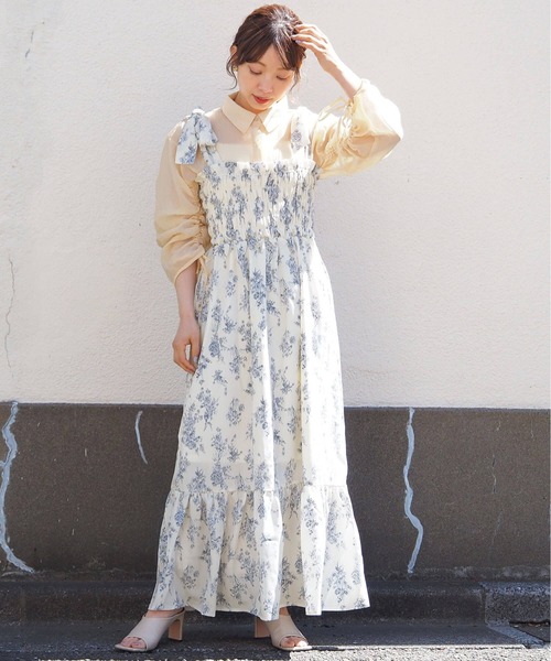 ✨美品✨ジプソフィア　Tee One-Piece リネン混　バックリボン　日本製 予約]SUSTAINABLE DESIGN PINTUCK STRIPE SHIRT ONE-PIECE/NAVY