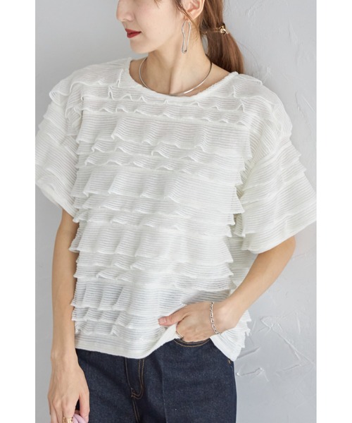 ドノバン　試着のみ新品　フリルドット柄半袖トップス ホワイト ドットフリルショルダーTee メール便