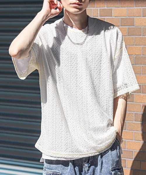 LUXSTYLE(ラグスタイル)の「ネックレス付きレース半袖Tシャツ(Tシャツ/カットソー・メンズ・ブラック/アイボリー・M/L)」の2枚目の写真