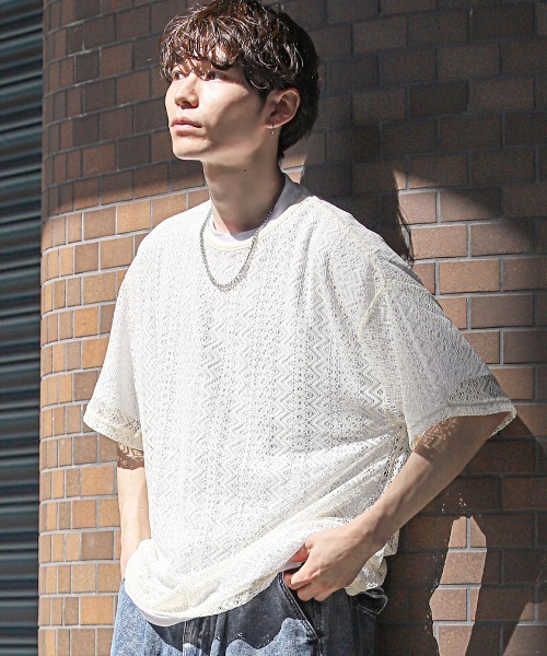 LUXSTYLE(ラグスタイル)の「ネックレス付きレース半袖Tシャツ(Tシャツ/カットソー・メンズ・ブラック/アイボリー・M/L)」の5枚目の写真