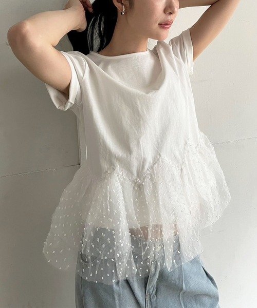 Jewelobe(ジュエローブ)の「ドットオーガンジーボリュームぺプラムTシャツ(Tシャツ/カットソー・レディース・ホワイト/ブラック・FREE)」の3枚目の写真
