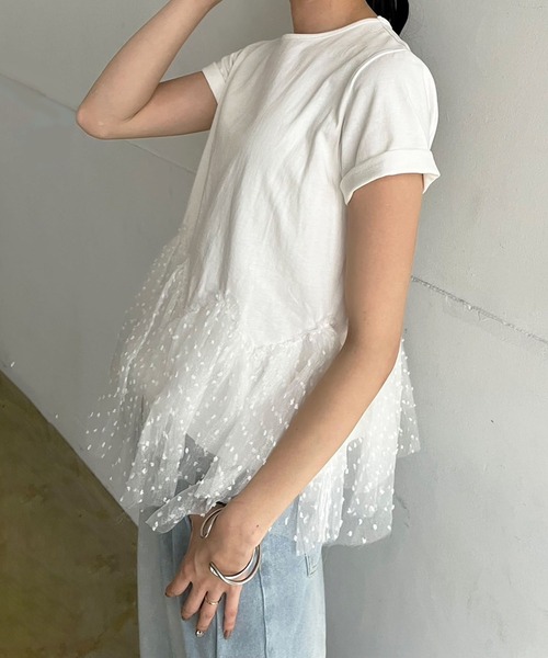 Jewelobe(ジュエローブ)の「ドットオーガンジーボリュームぺプラムTシャツ(Tシャツ/カットソー・レディース・ホワイト/ブラック・FREE)」の5枚目の写真