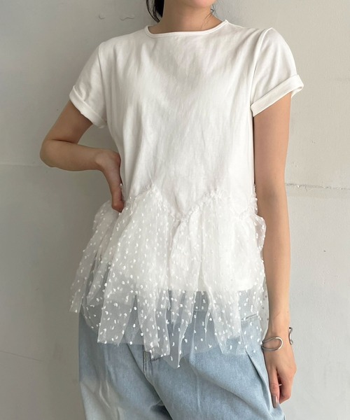 Jewelobe(ジュエローブ)の「ドットオーガンジーボリュームぺプラムTシャツ(Tシャツ/カットソー・レディース・ホワイト/ブラック・FREE)」の6枚目の写真