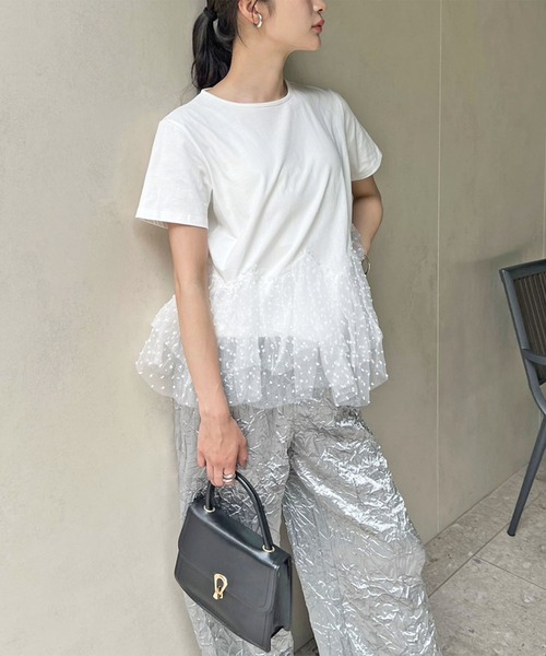 Jewelobe(ジュエローブ)の「ドットオーガンジーボリュームぺプラムTシャツ(Tシャツ/カットソー・レディース・ホワイト/ブラック・FREE)」の8枚目の写真