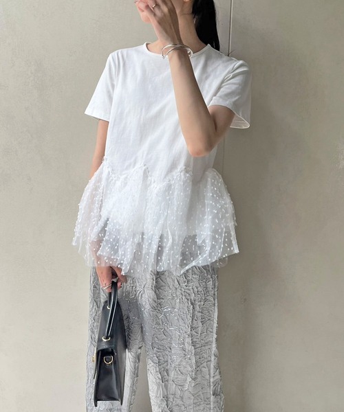 Jewelobe(ジュエローブ)の「ドットオーガンジーボリュームぺプラムTシャツ(Tシャツ/カットソー・レディース・ホワイト/ブラック・FREE)」の9枚目の写真