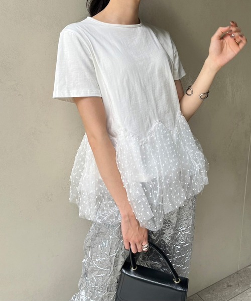 Jewelobe(ジュエローブ)の「ドットオーガンジーボリュームぺプラムTシャツ(Tシャツ/カットソー・レディース・ホワイト/ブラック・FREE)」の10枚目の写真