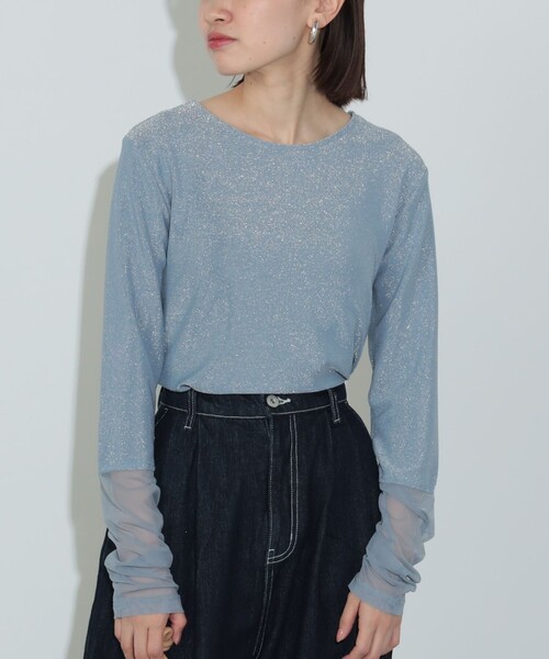 BEAMS HEART（ビームスハート）の「【WEB限定】チュールドッキング ラメ プルオーバー（Tシャツ/カットソー・レディース・サックスブルー/ブラック・FREE）」の6枚目の写真