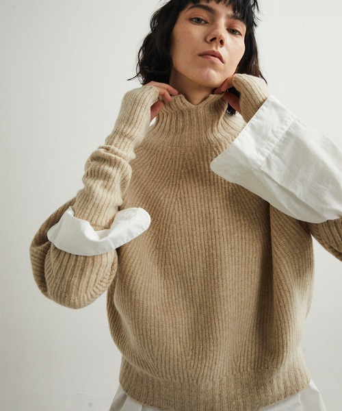 UNFIL（アンフィル）の「unfil アンフィル / superfine lambs & chenille ribbed-knit high-neck sweater スーパーファインラムシェニールリブニットハイネックセーター / WFFL-UW123（ニット/セーター・レディース・ライトベージュ/ミント・1）」の6枚目の写真