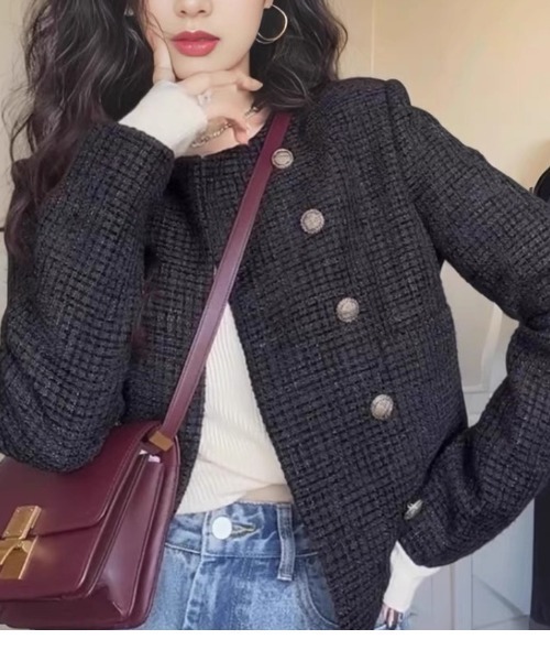 Ritzy(リッツィー)の「ノーカラー ツィードジャケット(ノーカラージャケット・レディース・ブラック/カーキ・M/L)」の1枚目の写真