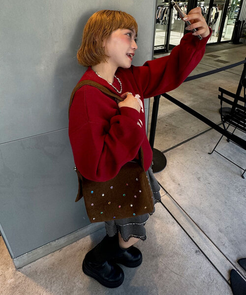 CIAOPANIC（チャオパニック）の「ラインストーンコーデュロイバッグ（トートバッグ・レディース・グリーン/ブラウン・FREE）」の5枚目の写真