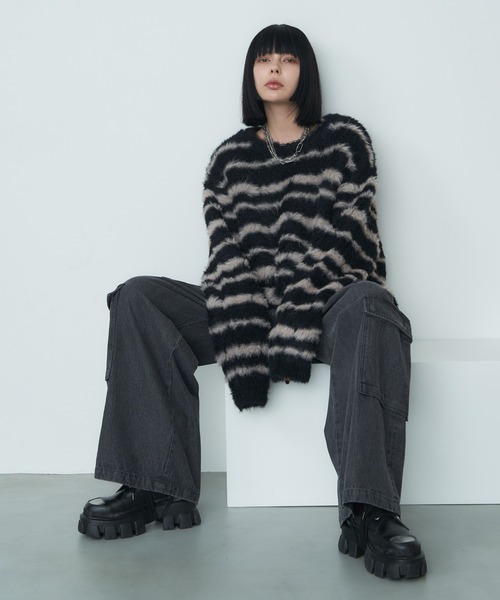 【セール】AFF AIVER フェザーヤーンディストーションボーダーニット（ニット/セーター）｜AFF AIVER（エイエフエフアイバー）