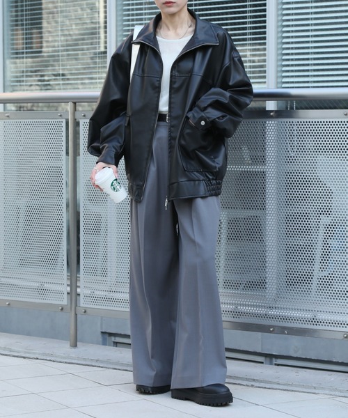 新品未使用　ROPÉ ゴールドボタンノーカラーブルゾン　定価41,800円 セール】【NOGLE/ノグル】2wayスタンドカラーフェイクレザーブルゾン