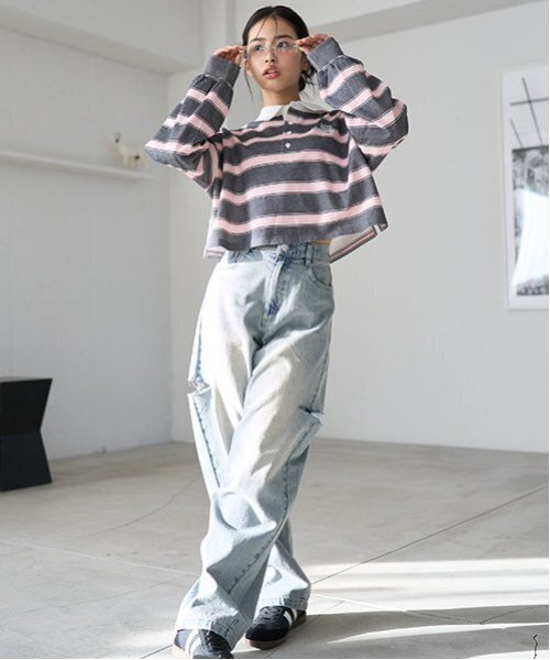 LOVETOXIC（ラブトキシック）の「【LTXC】バレルレッグダメージデニム（デニムパンツ・キッズ・ブラック/サックスブルー/ブルー/グレー/ネイビー・M:150cm/L:160cm/S:140cm）」の2枚目の写真