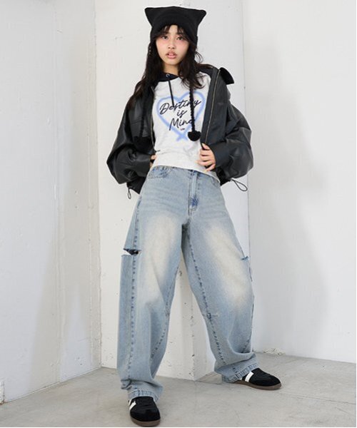 LOVETOXIC（ラブトキシック）の「【LTXC】バレルレッグダメージデニム（デニムパンツ・キッズ・ブラック/サックスブルー/ブルー/グレー/ネイビー・M:150cm/L:160cm/S:140cm）」の7枚目の写真