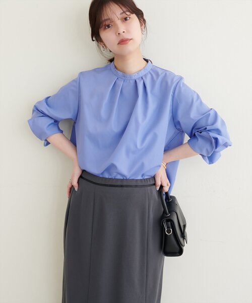 natural couture（ナチュラルクチュール）の「osonoバック釦スタンドカラーシャツ（シャツ/ブラウス・レディース・オフホワイト/ブルー/ストライプ・FREE）」の3枚目の写真