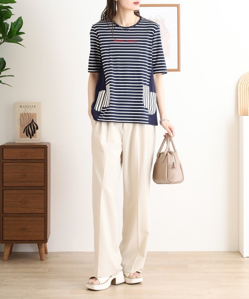 BRODIAEA ボーダー切り替え半袖チュニックTシャツ（Tシャツ